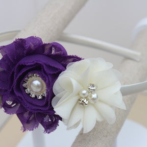 Violet flower headband, violet hair accessory, violet toddler headbands, violet and ivory headbands, purple hair accessory violet flowers
