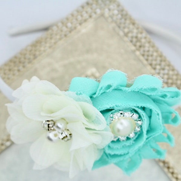 Mint headbands, aqua flower girl headband, mint and ivory headbands, aqua flower headband, aqua headbands, aqua toddler headband girls