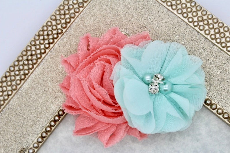 Coral and Mint Flower Girl Hair Clip Coral Hair Bows Coral Etsy