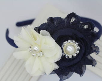 Navy blue headband navy blue kids headband navy flower girl headband navy blue and ivory headband navy wedding headband navy headbands