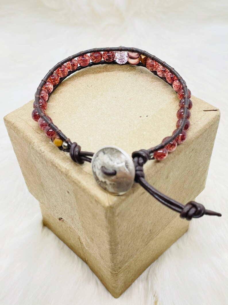 7.5\u201d 1934 Silver Dime Cherry Quartz Amethyst Leather Cord Bracelet Tigers Paw Shell Juniper Berry Seed