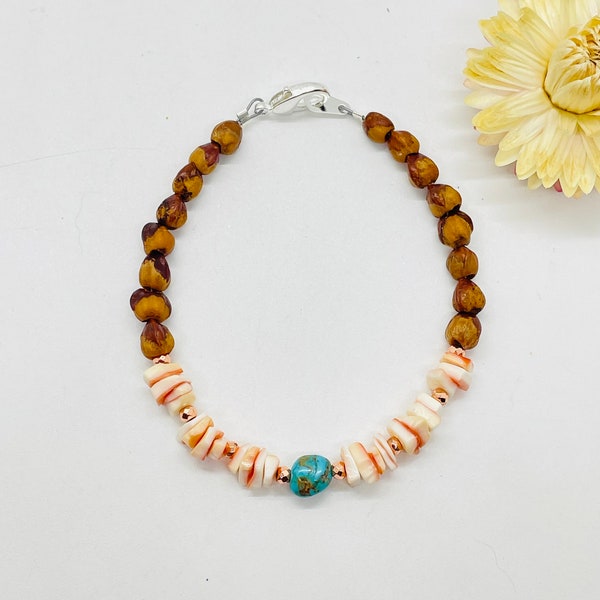 Coquillage pour les lèvres fraise 7,5 pouces + turquoise = bracelet graine de genièvre