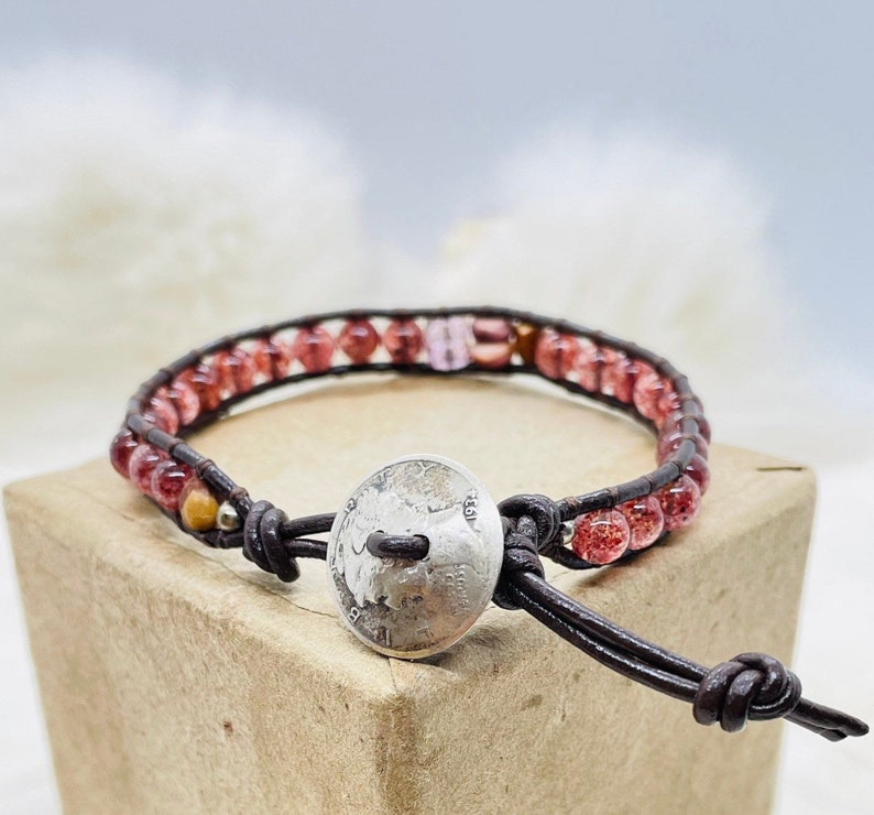 7.5\u201d 1934 Silver Dime Cherry Quartz Amethyst Leather Cord Bracelet Tigers Paw Shell Juniper Berry Seed