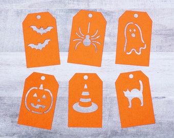 Halloween Gift Tag SVG Cut Files, Set of 6 Designs with Jack-O-Lantern, Bats, Cat, Ghost, Witch Hat, and Spider