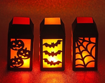 Mini 3D Halloween Lantern SVG Cut Files, Set of 3 Files with Jack-O-Lanterns, Bats and Spiderweb Designs