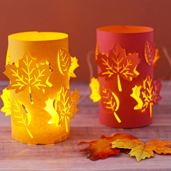 3D Rundes Papier Laterne SVG Datei Luminary mit schönem hobed Leaf Cut-Out Design für Herbst und Erntedank Dekor oder Tisch Centerpiece