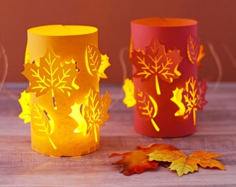 3D Round Paper Lantern SVG File Luminary with Beautiful Lifted Leaf Cut-Out Design for Fall and Thanksgiving Decor or Table Centerpiece