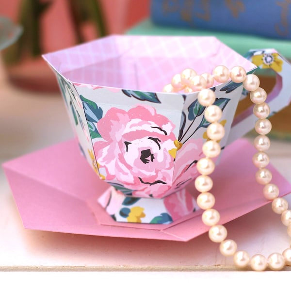 Ausgefallene 3D Papier Teetasse SVG geschnitten Datei | Teeparty SVG | 3D Leckerli Box / Geschenkbox zum Muttertag SVG | Sofortiger digitaler Download