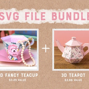 SVG Bundle: 3D Teacup SVG File and 3D Teapot SVG File - Tea Party Bridal Shower Baby Shower Mother's Day Bundle - Instant Digital Downloads