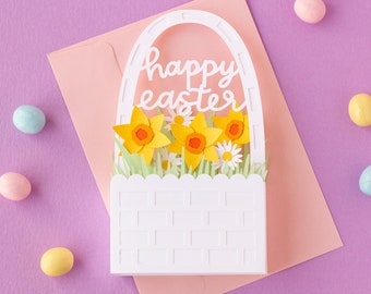 3D Easter Basket Box Card with Daffodils and Daisies (Folds Flat) SVG Cut File | Easter SVG | Easter Card SVG | Instant Digital Download