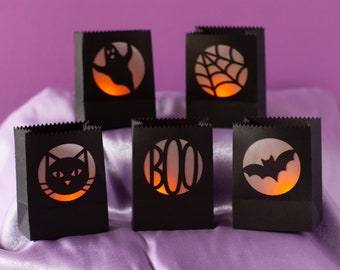 Tiny Halloween Luminary Bags SVG Cut File Set with 5 Luminary Designs - Cat, Spiderweb, Bat, Ghost, & BOO Luminaries - Instant Download