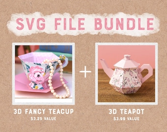 SVG Bundle: 3D Teacup SVG File and 3D Teapot SVG File - Tea Party Bridal Shower Baby Shower Mother's Day Bundle - Instant Digital Downloads