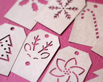 Set of 8 Christmas SVG Gift Tags - Christmas Tree, Snowflake, Candy Cane, Reindeer, Pointsettia, Holly & 2 Blank Tags