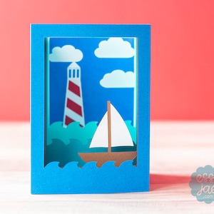 Nautische vuurtoren en zeilboot 3D Shadowbox Card SVG Cut File + Envelop Cut File voor Vaderdag SVG | Directe digitale download
