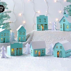 Paquete SVG 3D Christmas Village: Conjunto de 8 archivos 3D SVG, PDF - Casas, Escuela, Iglesia, Granero, Tiendas, Árboles para Paper Christmas Village