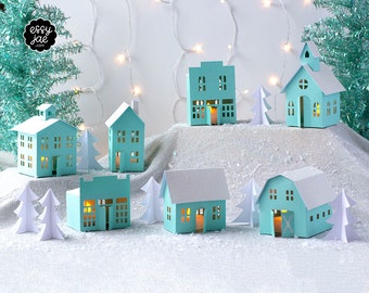 3D Christmas Village SVG Bundle: Set of 8 3D Svg, PDF - Houses, School, Church, Barn, Stores, Trees Svg Files for Paper Christmas Village