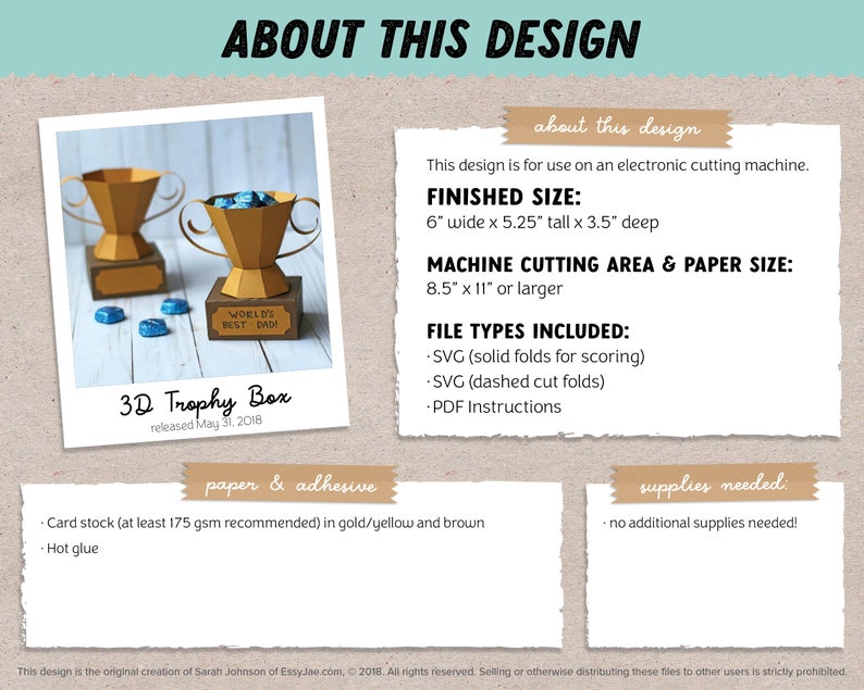 SVG File: 3D Paper Trophy Gift Box / Treat Holder / Party Favor SVG Cut File Father's Day SVG Instant Digital Download image 2