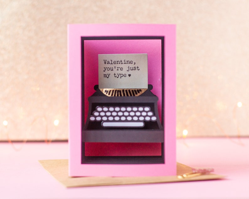 3D Valentine's Day Card SVG Cut File, Pop Up Valentine Card SVG Envelope SVG File, Typewriter Card, Type Themed Card Digital Download image 1