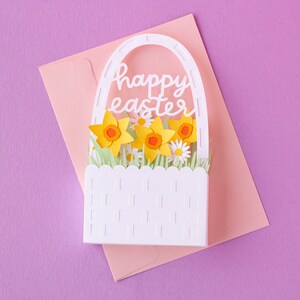 Cartão de caixa de cesta de Páscoa 3D com narcisos e margaridas (dobras planas) Arquivo de corte SVG | Páscoa SVG | Cartão de Páscoa SVG | Download Digital Instantâneo imagem 5