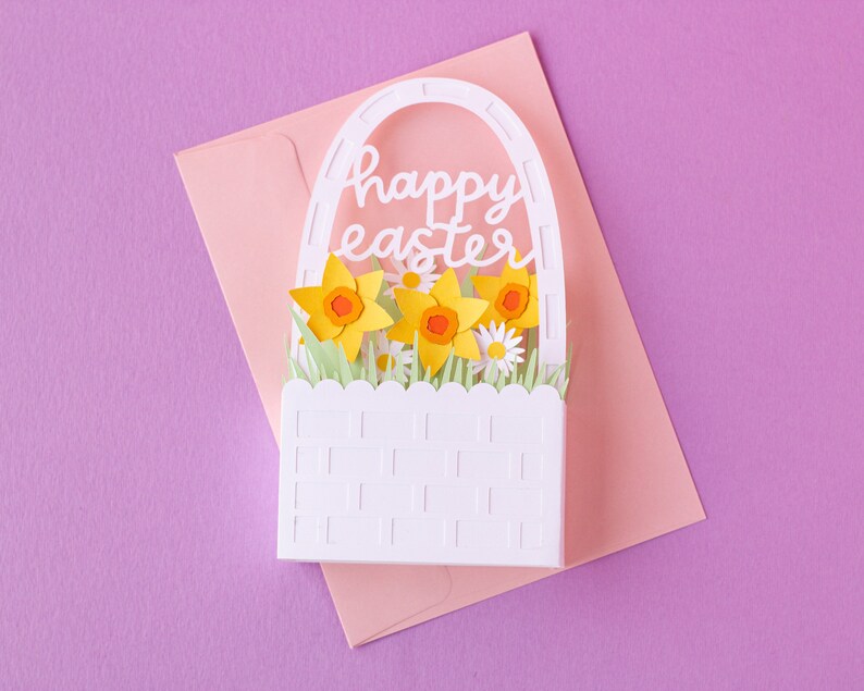 Cartão de caixa de cesta de Páscoa 3D com narcisos e margaridas (dobras planas) Arquivo de corte SVG | Páscoa SVG | Cartão de Páscoa SVG | Download Digital Instantâneo imagem 5