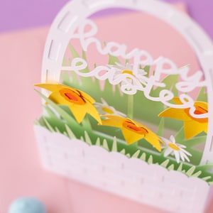Cartão de caixa de cesta de Páscoa 3D com narcisos e margaridas (dobras planas) Arquivo de corte SVG | Páscoa SVG | Cartão de Páscoa SVG | Download Digital Instantâneo imagem 4