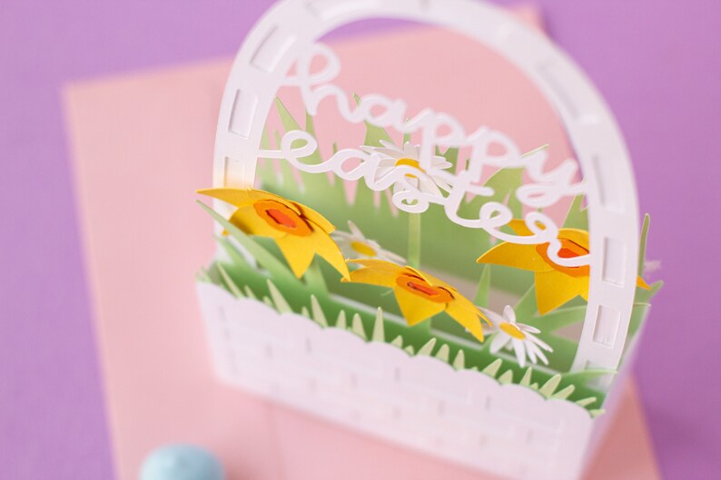 Cartão de caixa de cesta de Páscoa 3D com narcisos e margaridas (dobras planas) Arquivo de corte SVG | Páscoa SVG | Cartão de Páscoa SVG | Download Digital Instantâneo imagem 4