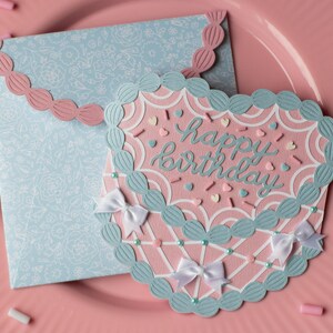 Pu&ograve; includere: Un biglietto a strati rosa e blu con un design a forma di cuore di torta. Il biglietto ha un bordo smerlato e dice "buon compleanno" in scrittura blu.
