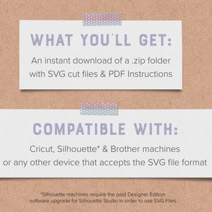 May include: Two white rectangular cards with text, taped to a brown background. The top card reads "WHAT YOU'LL GET:" and describes an instant download of a .zip folder with SVG cut files & PDF instructions. The bottom card reads "COMPATIBLE WITH:" and lists compatible machines.