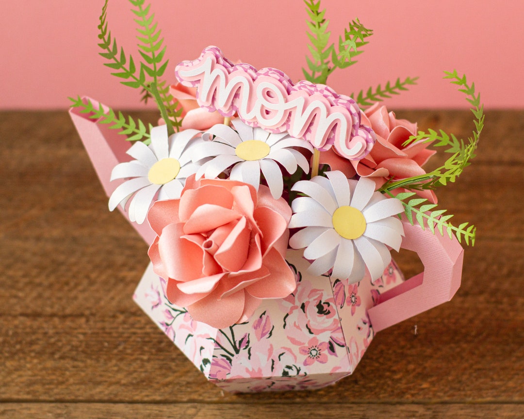 3D Paper Teapot & Paper Flower Bouquet SVG Cut Files for Mother's Day