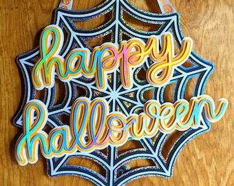 Happy Halloween Spiderweb Door Hanger Decoration SVG Cut File - Halloween Door Hanger SVG, Halloween Svg, Halloween Decor Svg  - Download