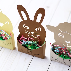 Lot de 3 fichiers SVG : porte-bonbons pour carte avec pochette animal de Pâques/boîte à gourmandises fichiers coupés - mignon lapin de Pâques, agneau et poussin | Téléchargement instantané