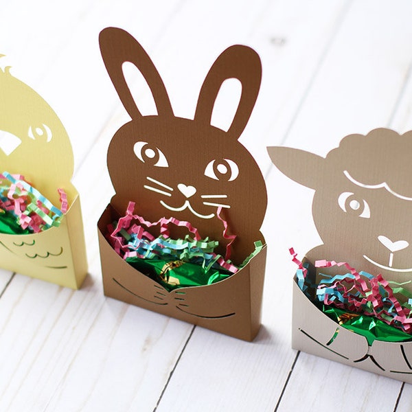 Bundle of 3 SVG Files: Easter Animal Pocket Card Treat Holder / Treat Box Cut Files - Cute Easter Bunny, Lamb & Chick | Instant Download