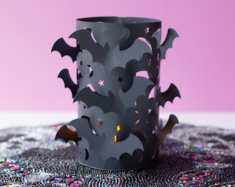 3D Bat Lantern SVG, Round Paper Bat Lantern Halloween Luminary SVG Cut File with Spooky Lifted Bat Cut-Out Design Bat Paper Lantern Luminary