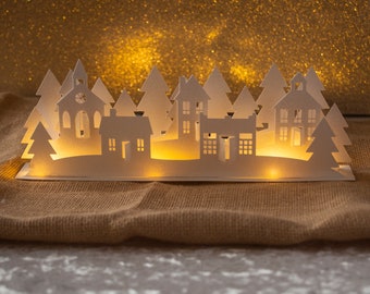 Paper Christmas Village Silhouette using Fairy Lights | Glitter Winter Village Scene - 3D Christmas SVG Cut File Instant Digital Download