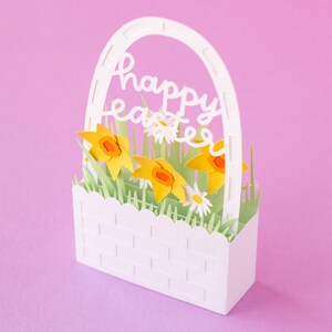 Cartão de caixa de cesta de Páscoa 3D com narcisos e margaridas (dobras planas) Arquivo de corte SVG | Páscoa SVG | Cartão de Páscoa SVG | Download Digital Instantâneo imagem 2