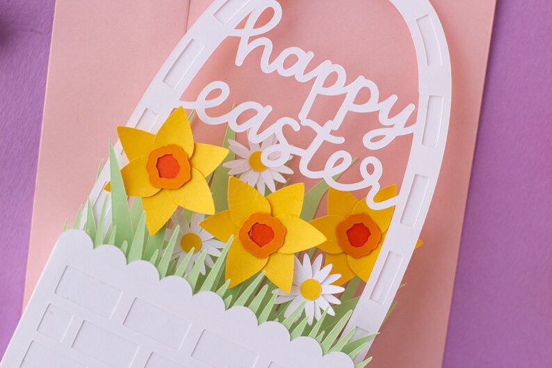 Cartão de caixa de cesta de Páscoa 3D com narcisos e margaridas (dobras planas) Arquivo de corte SVG | Páscoa SVG | Cartão de Páscoa SVG | Download Digital Instantâneo imagem 3