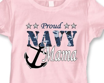 Proud Navy Mama Ladies Pink T-Shirt - Printed in the USA - 100% Cotton