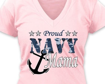 Proud Navy Mama 100% Cotton V-Neck (Color Pink)