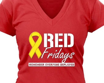 Red Fridays Remember Everyone Deployed Ladies V-Neck 100% Cotton Shirt