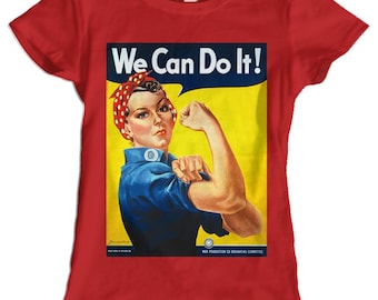 Rosie the Riveter We Can Do It Ladies 100% Cotton T-Shirt (Red)
