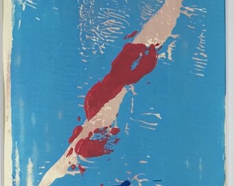 Lady Diver, Original Linocut, Hand-pulled, Limited Edition, 5" x 7" print