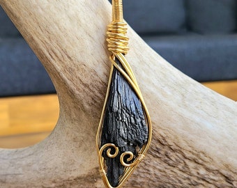 Black Kyanite Necklace- Large | bohemian fashion | gold black wire wrap | witches jewelry | healing crystal | hippie boho christmas gift