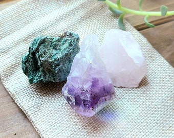 Crystal Treasure Set - 3 Crystals | rose quartz | fuchsite | raw amethyst point | crystal gift set | beginner crystal guide | spirituality