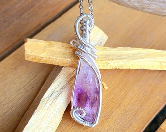 Long Amethyst Necklace - Medium | bohemian healing crystal cluster | handmade wirewrap | silver purple rainbow pendant | bridal baby gift
