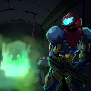 May include: Digital illustration of a futuristic character in blue, red, and yellow armor, holding a weapon. The character is in a dark, industrial setting with a green, glowing portal. The art style is reminiscent of a video game.