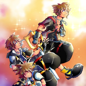 May include: Digital illustration of three characters from the Kingdom Hearts video game series. The characters are in dynamic poses, with one holding a large key-shaped weapon. The artwork features a vibrant color palette with a bright, glowing background.