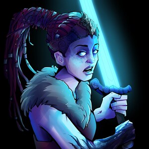 May include: A woman with red braids and a blue glowing sword. She is wearing a fur-lined garment and a crown with intricate designs. The background is dark.