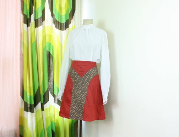 70's Style Flared Demin Skirt Rust Red W Brown Fl… - image 3