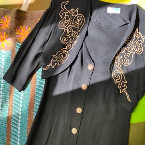 Black 80's Dress attached Jacket Gold Rope Detail Metallic Selfridge Party Bolero crop bijgesneden 90S