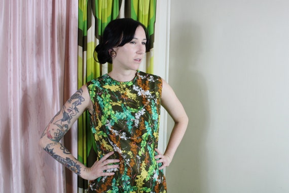 60's Green & Pastel Forest Shift Dress